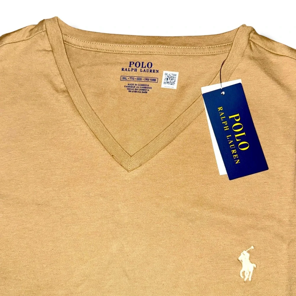 Polo Ralph Lauren Men V-Neck T-Shirt XXL Tan Khaki Cotton Short Sleeve Pony Logo